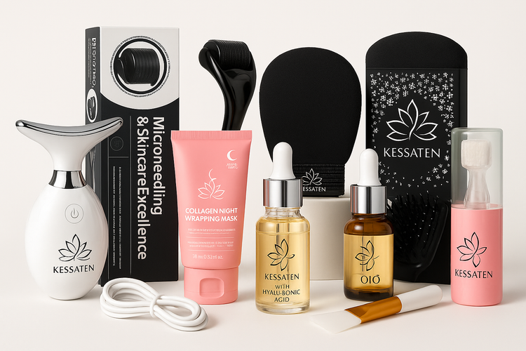 Accessoires bien-être pour femme KESSATEN : dermaroller, masque de nuit, gant exfoliant, masque yeux, ceinture menstruelle, soins visage et corps naturels