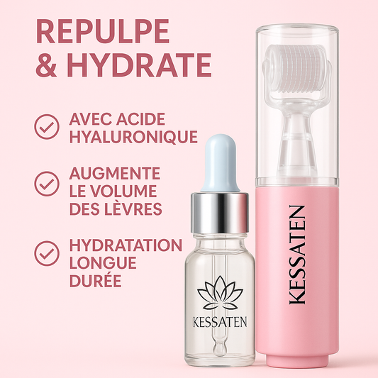 LipBoost KESSATEN – Dermaroller Visage & Lèvres avec Micro-Aiguilles en Titane + Soin Acide Hyaluronique Offert